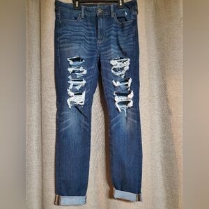 NWOT AE cuffed ankle Hi-rise jegging holes  SZ 10 distressed behind knee